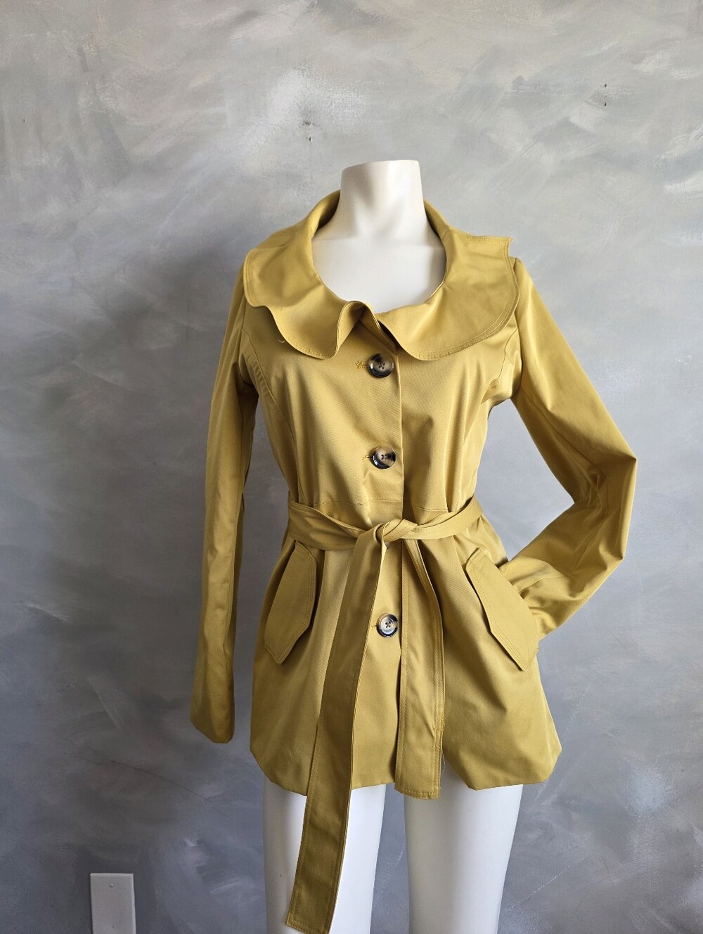 Sandro Studio  Ruffle Collar Mustard Yellow Belted Trench Coat Sz S